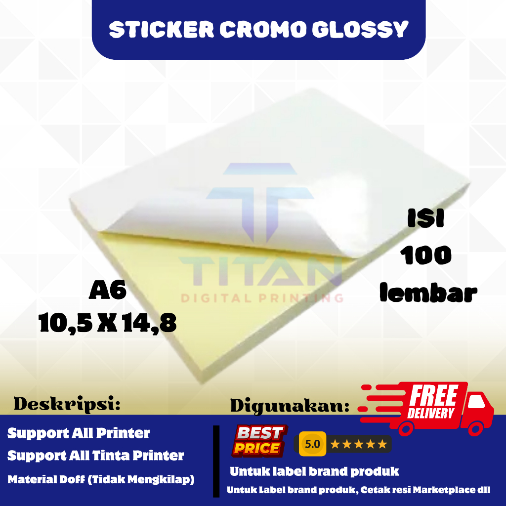 Kertas Sticker A6 Glossy isi 100 lembar / Stiker Glossy A6 / Kertas Stiker A6 Glossy