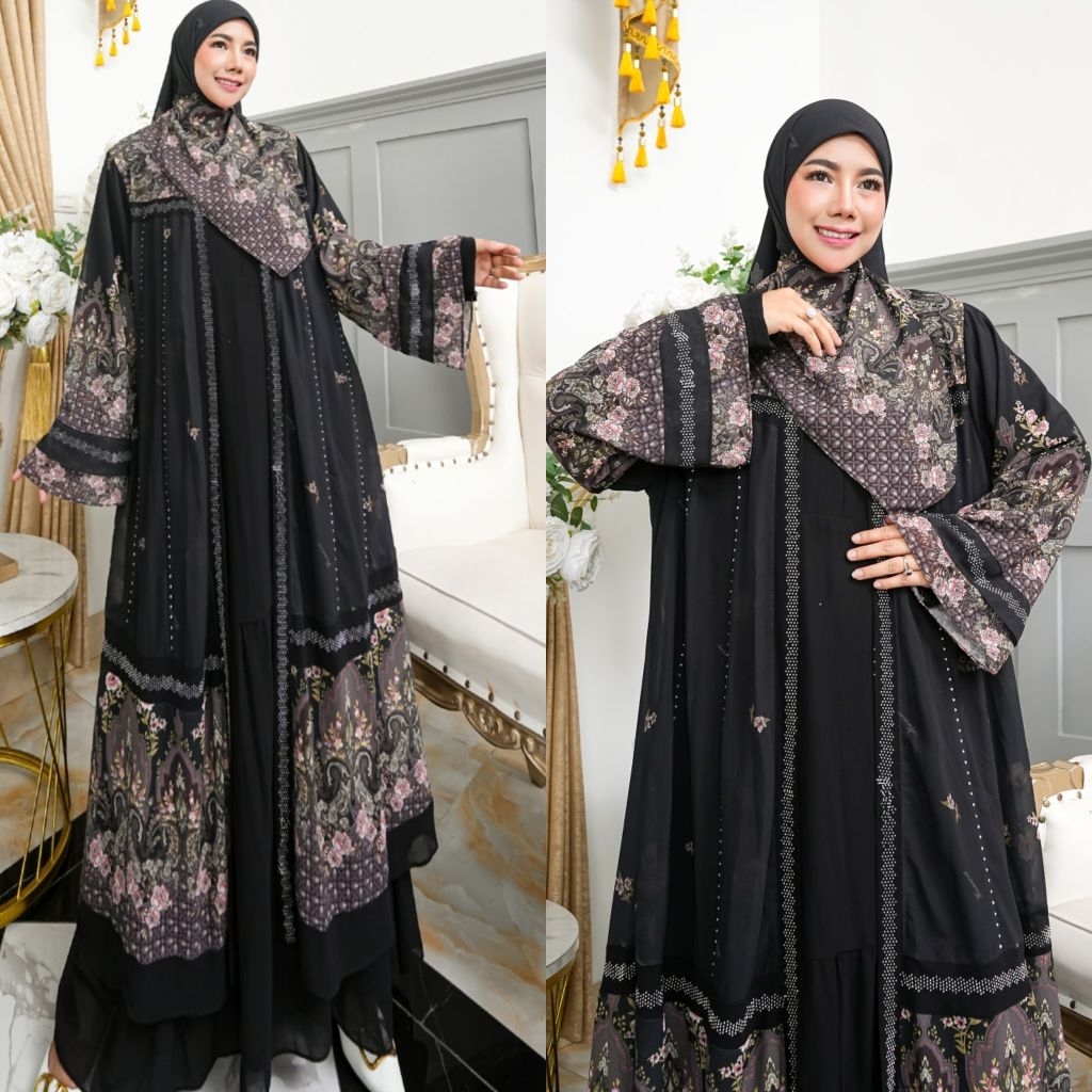 KHAZANAH MADINAH BLACK SERIES BY HUMAIRA SYARI GAMIS CERUTY PREMIUM SET JILBAB TERBARU ABAYA UMROH H