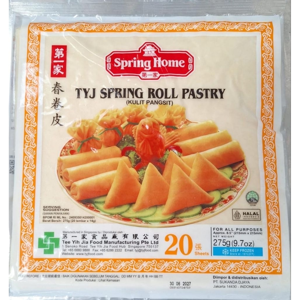 

TYJ Spring Roll Pastry Kulit Lumpia Beku Hasil gorengan renyah, – Original Singapore (20 Lembar)