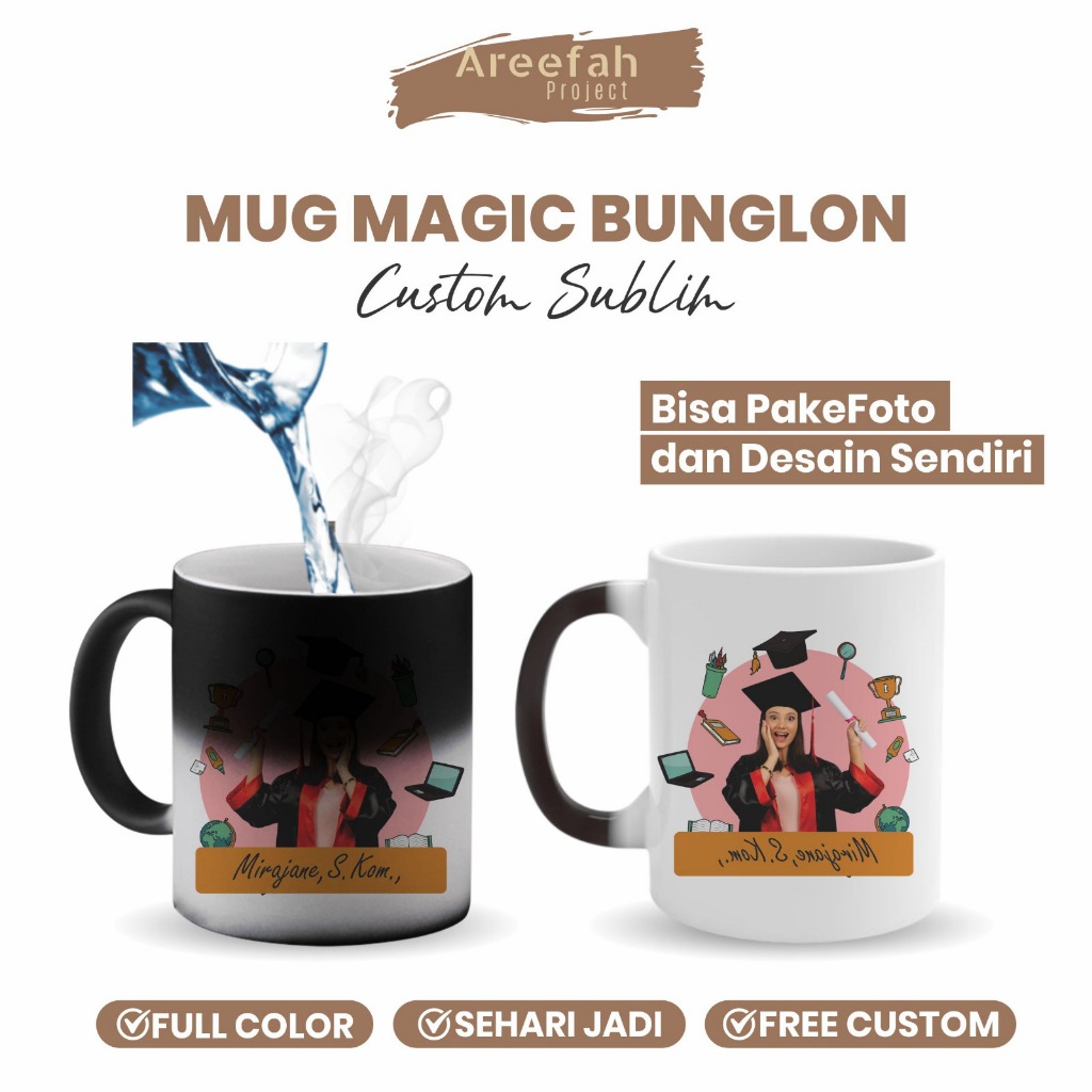 Areefah Mug Bunglon Custom | Mug Magic Berubah Warna | Cetak Logo, Foto, Tulisan + Free Template Des