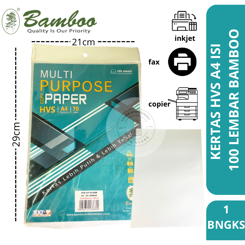 

[1 BUNGKUS] Kertas Hvs Bamboo Ukuran A4 Tebal 70 Gsm Hemat Isi 100 Lembar