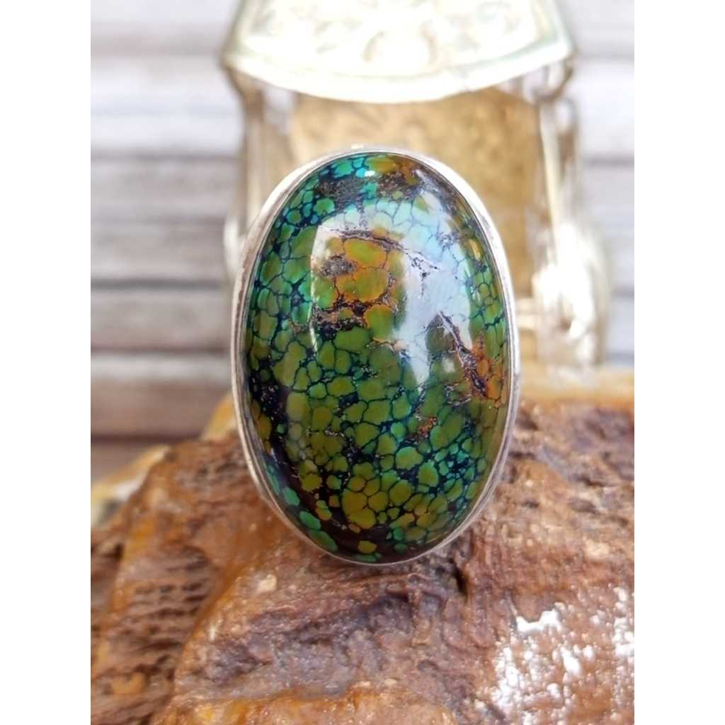 Natural Pirus Tibet Beras Wutah Jumbo BodyGlass Ring Perak 925 HM Ukir