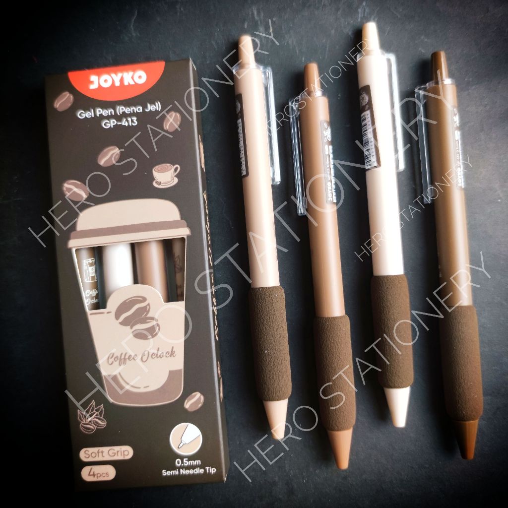 

Pen gel coffee kopi latte soft grip joyko 0.5 mm GP-413 . 4 unit