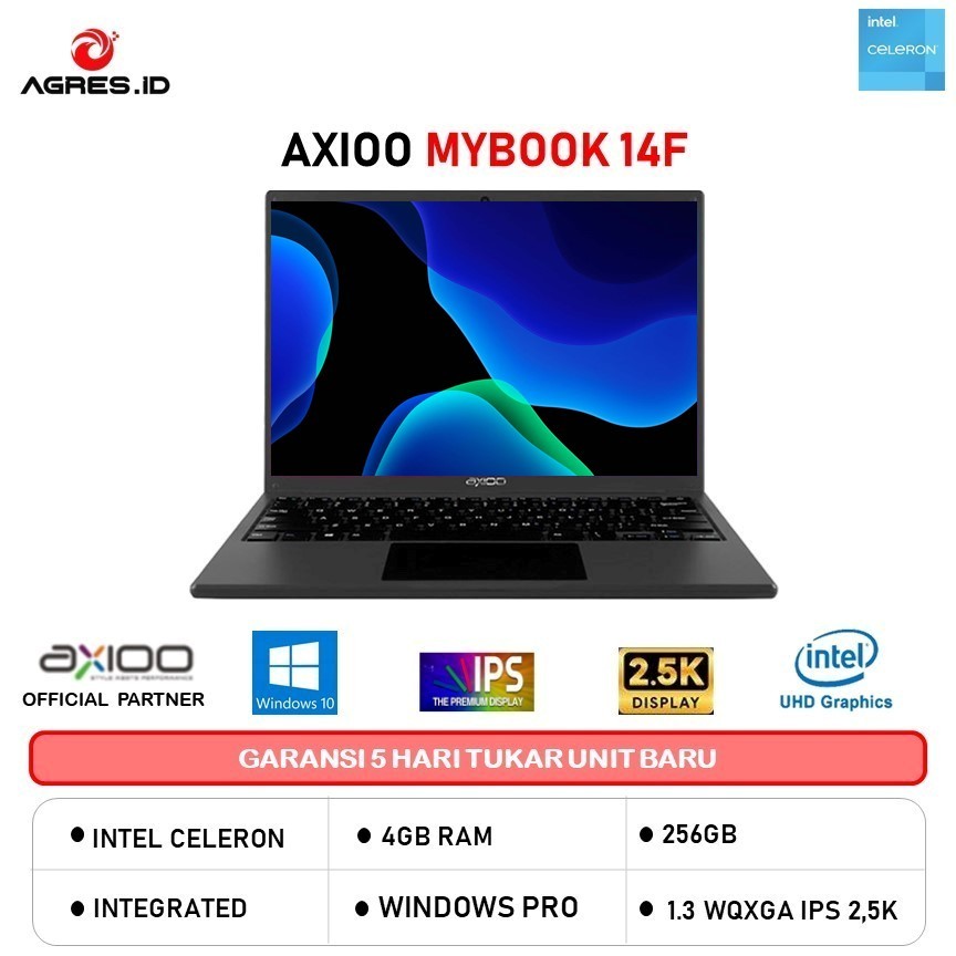 AXIOO MYBOOK 14F CELERON 4GB 8GB 128GB 256GB W10+OFFICE PERMANEN 13.3WQXGA IPS 2.5K GRY