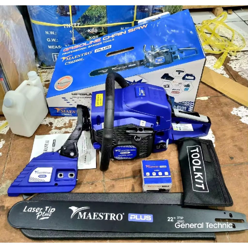 Mesin Chainsaw MAESTRO 6500L BAR 22INCH GERGAJI POTONG KAYU FULL SET BARU