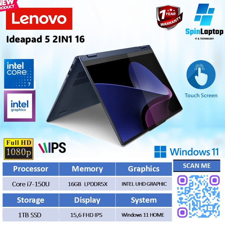 Laptop Lenovo Ideapad 5 2IN1 16 TOUCH Intel Core i7-150U RAM 16GB SSD 1TB Layar 16" IPS