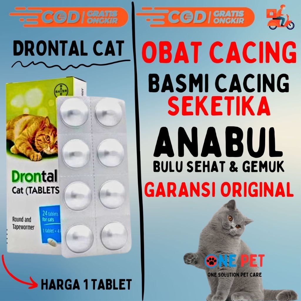 DRONTAL CAT 1 TABLET - Obat Cacing Kucing Dewasa dan Anak Kitten Ampuh drontal cat original asli