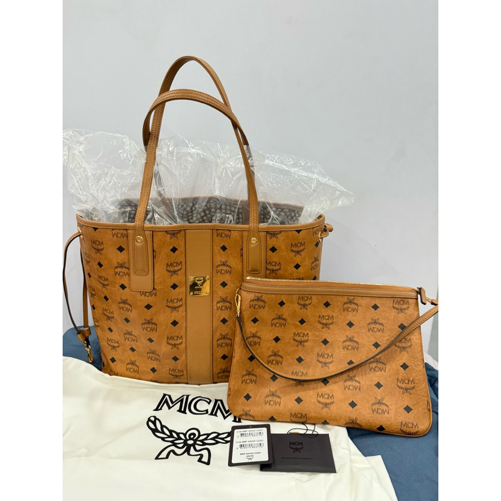 Preloved MCM TOTE BAG REVERSIBLE SHOPPER VICETOS COGNAC Medium ORIGINAL