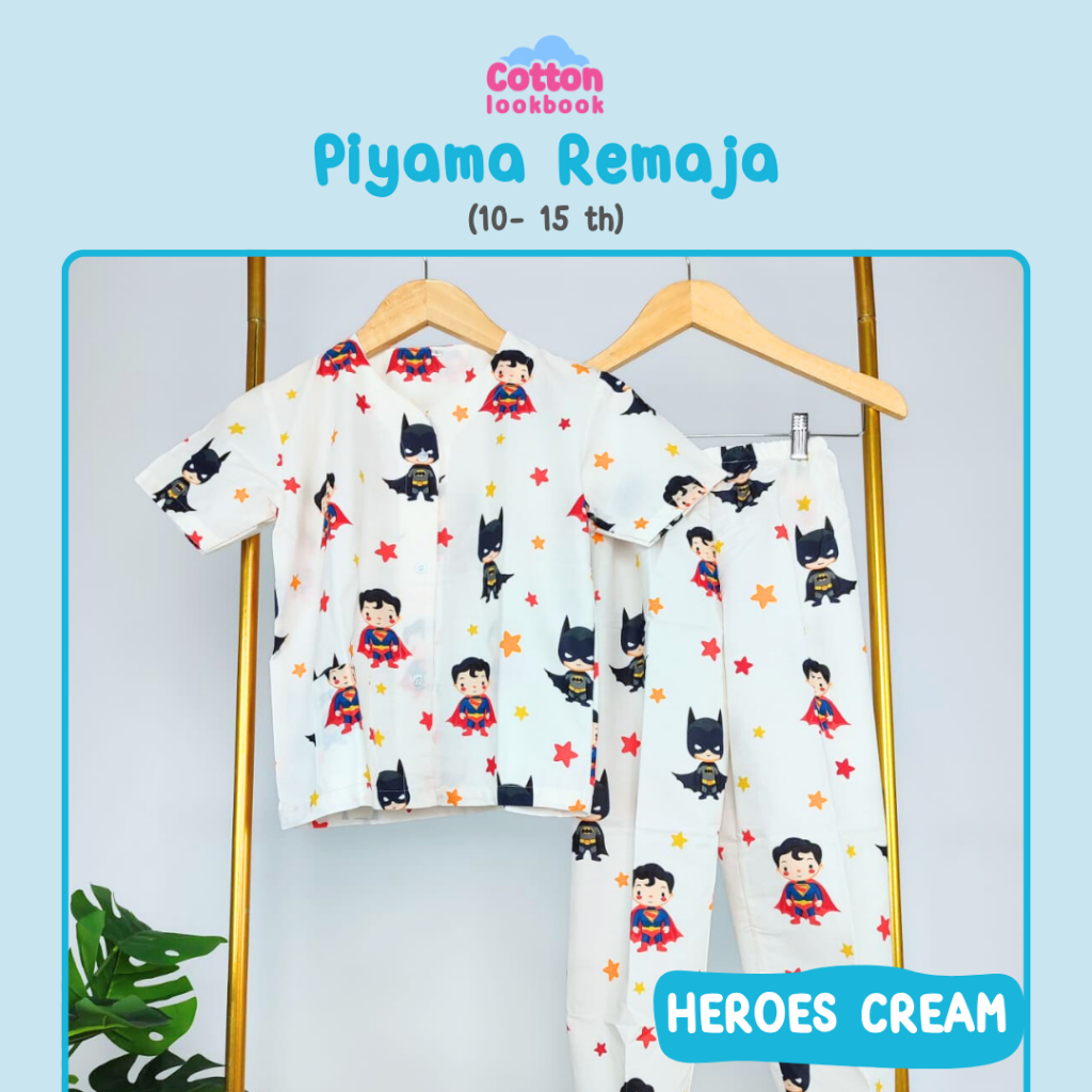 [BEST SELLER] COTTON LOOKBOOK - PIYAMA REMAJA COWOK MOTIF HEROES CREAM 10-15 TAHUN / SMP SIZE XL 10 