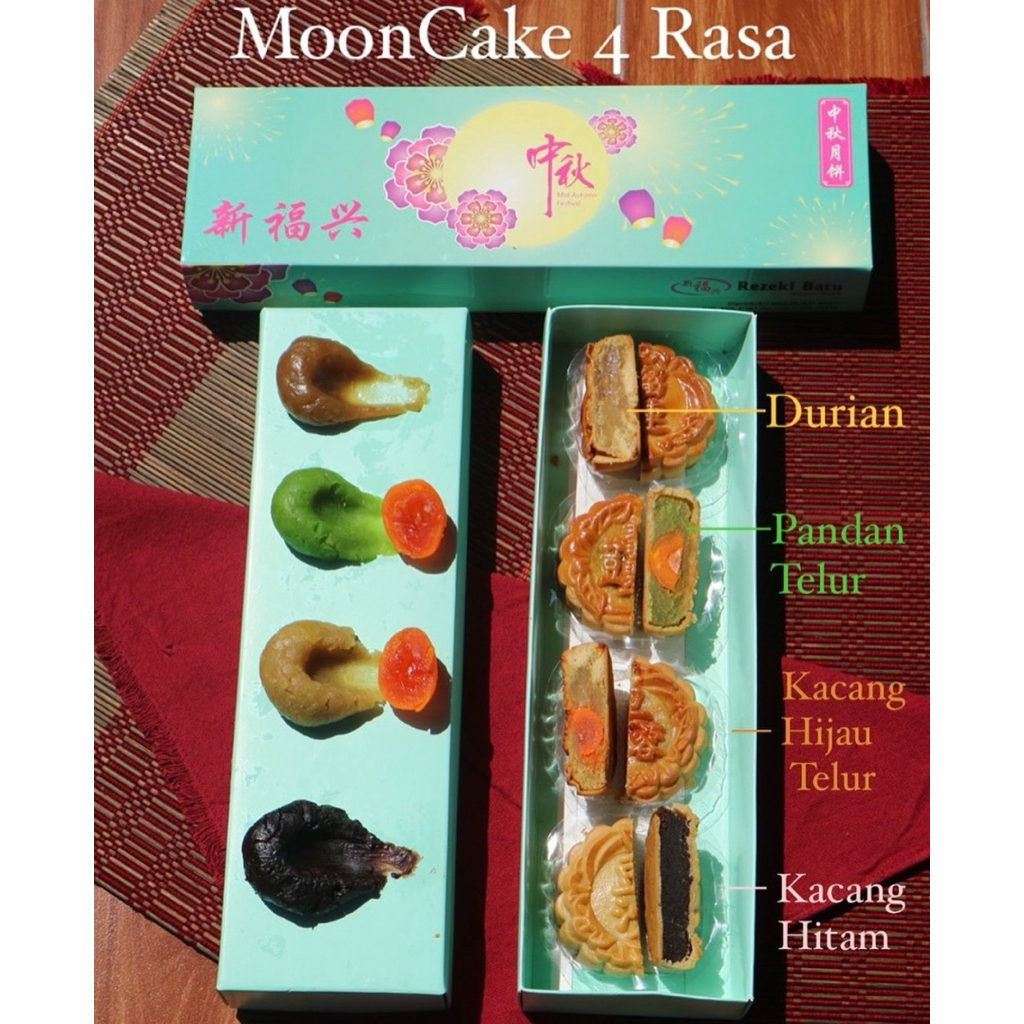 

Kue bulan rezeki baru 4 rasa(durian, pandan telor, kcg hijau telor, kcg hitam)