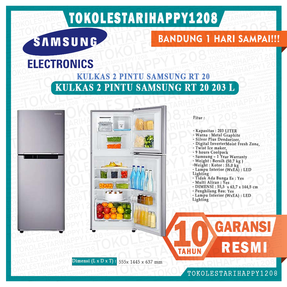 KULKAS SAMSUNG RT-20FARWDSA / KAPASITAS 203 LITER / RT 20 FARWDSA / RT20FARWDSA / READY GARANSI RESM