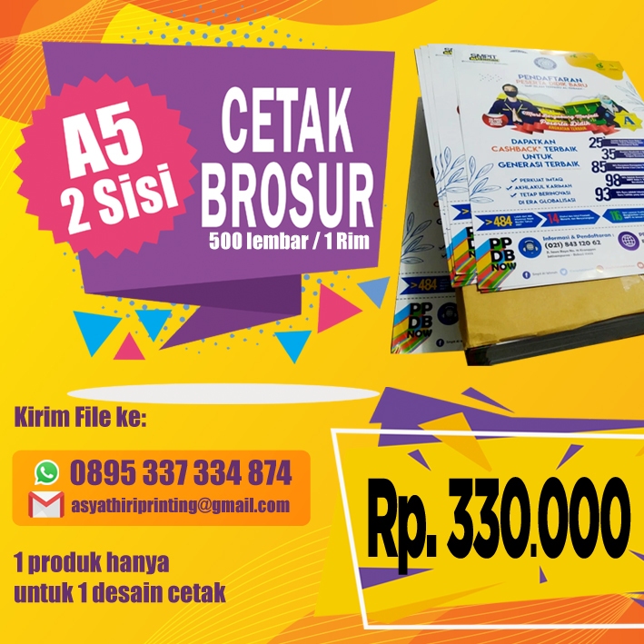 

Cetak Brosur A5 (2 Sisi ) 1 rim / 500 lbr | Art Paper 120 gr Murah !