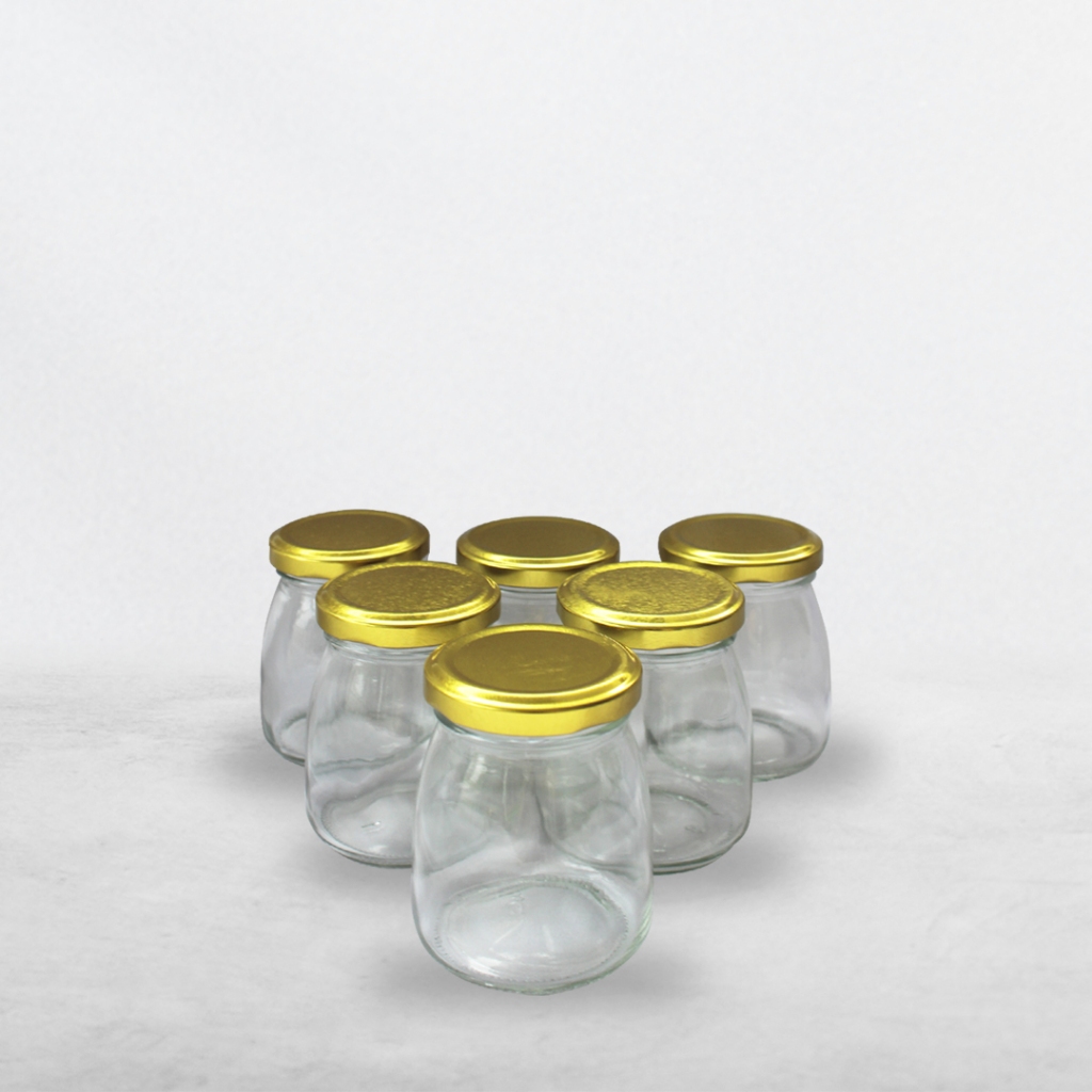 [Set 6 Pcs] Toples Pudding Jar Kaca 200ml ( PJ200/KLG ). Toples Puding Tutup Gold