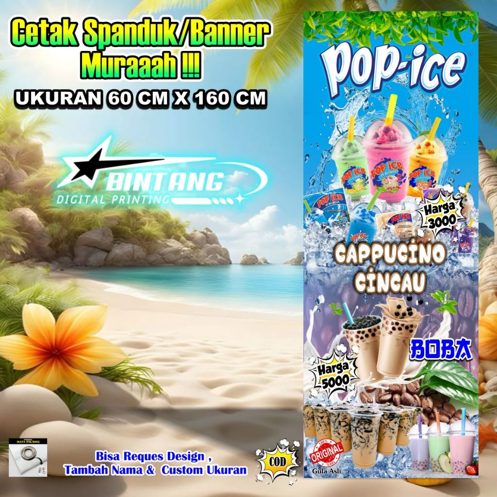 Spanduk Banner Pop Ice Boba & Cappucino Cincau Ukuran 60 cm x 160 cm