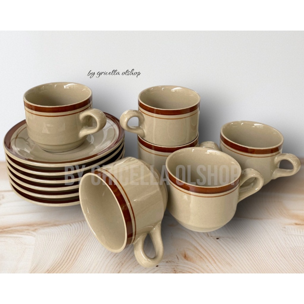 1 SET ISI 12 PCS (6 CUPS +6 SOUCERS) GELAS KERAMIK MEWAH LIST COKLAT SET GELAS KERAMIK