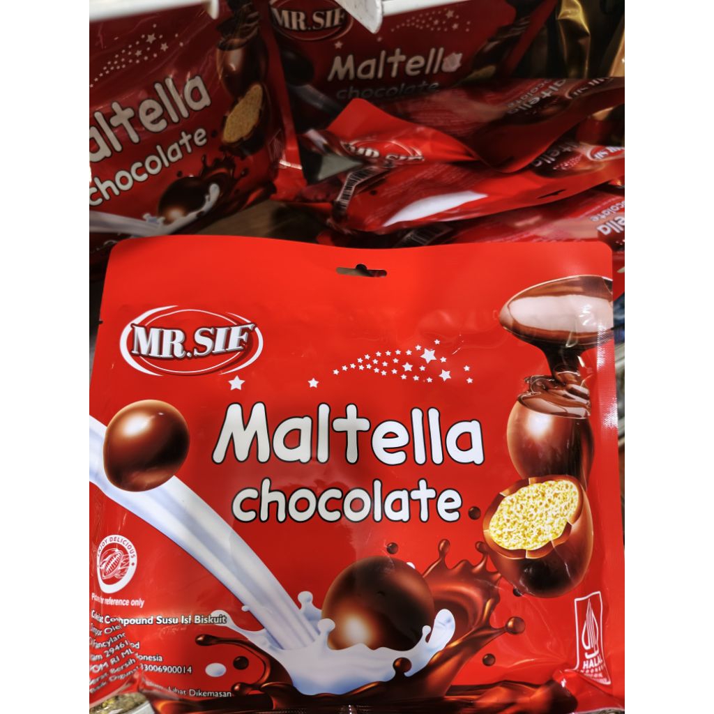 

Mr SiF Chocolate Maltella 160gr cokelat compound susu isi biskuit 160gr.