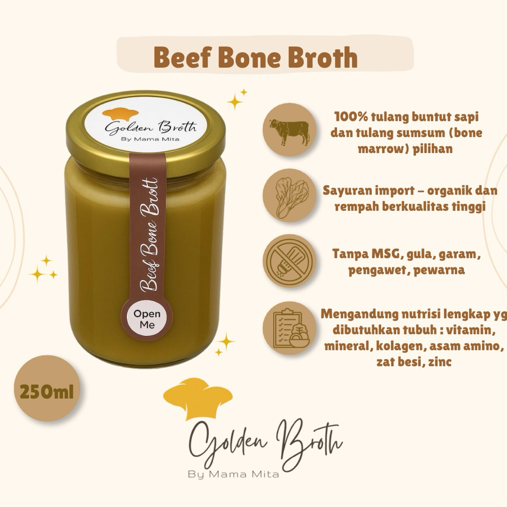 

Golden Broth by Mama Mita 250ml (Premium Homemade Beef Bone Broth - Kaldu Tulang sapi Premium Tanpa MSG, Gula, Garam, Pengawet - MPASI, Bumil, Busui Friendly - Jar kaca