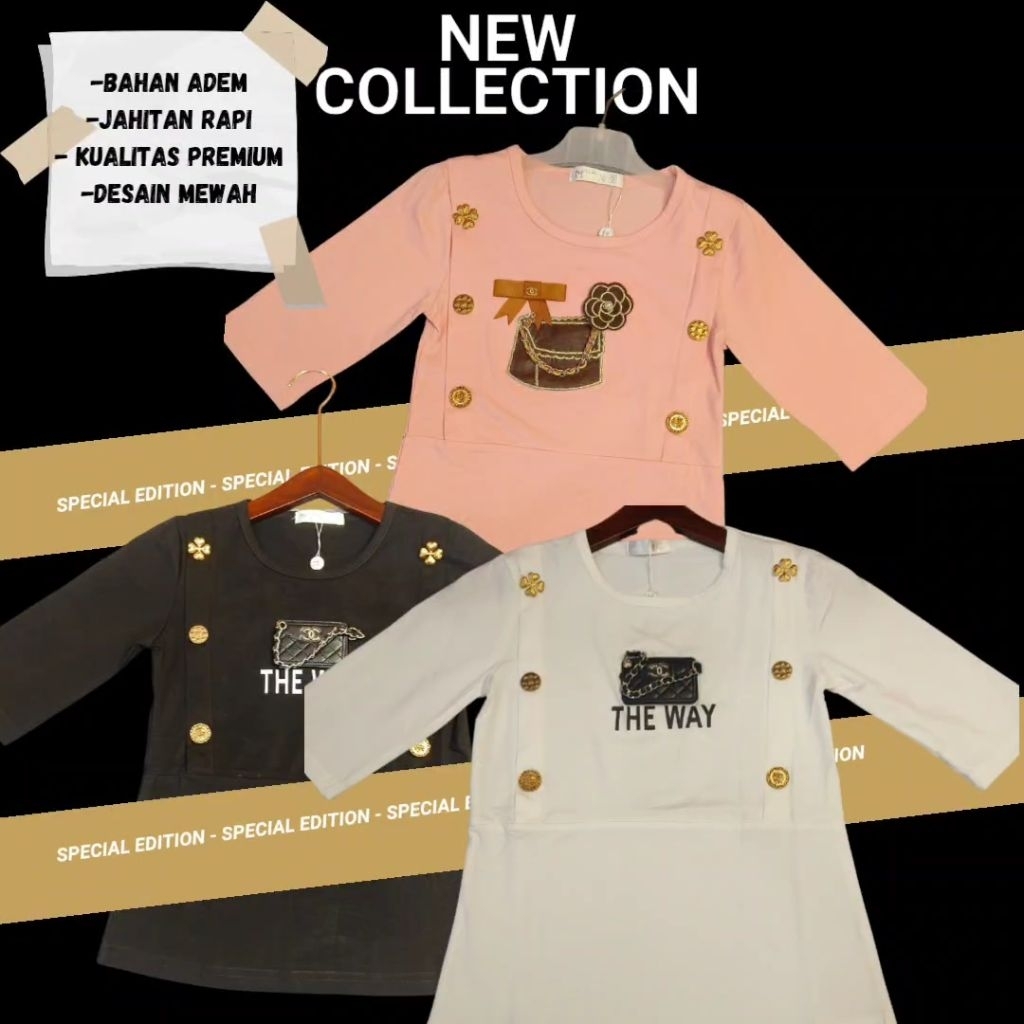 Kaos Anak Perempuan Motif Chanel Lengan Panjang 3/4 | Atasan Anak Cewek Korean Style Terbaru