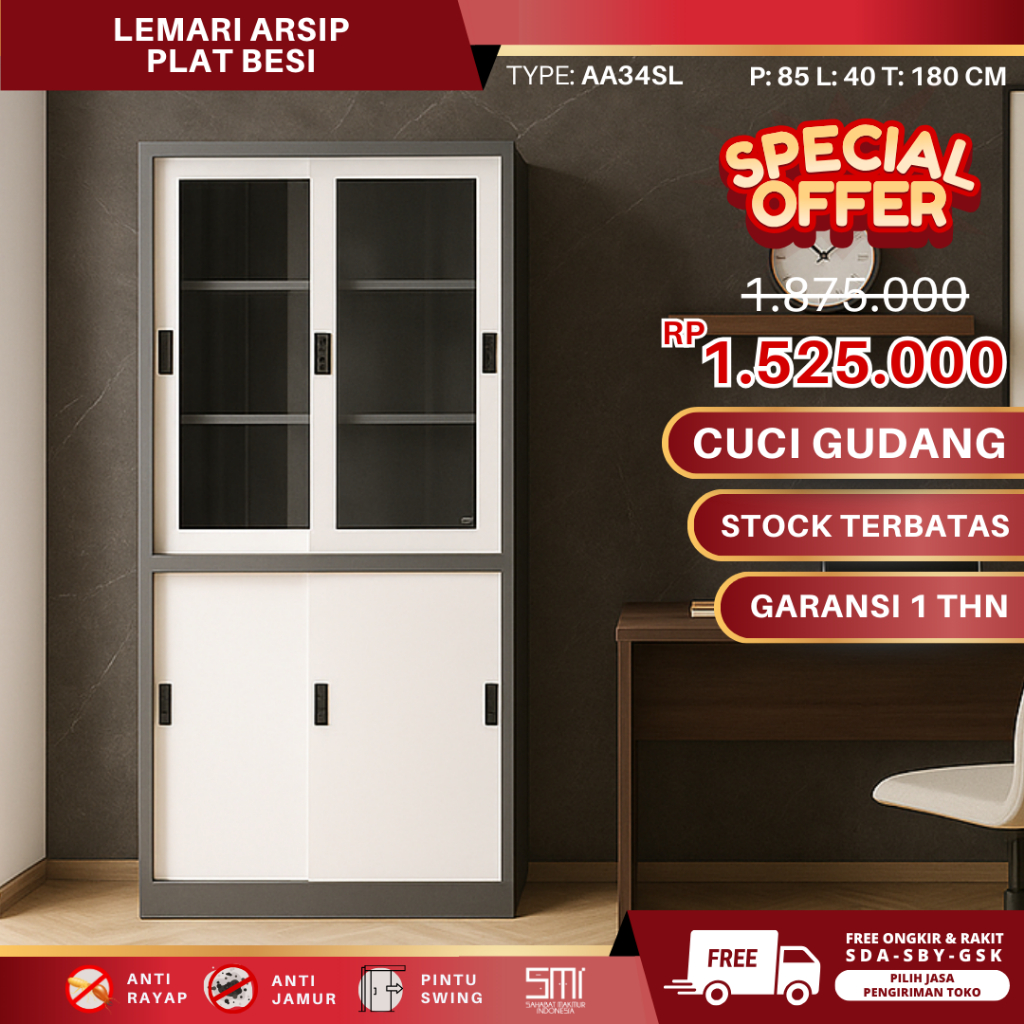 Lemari Arsip AA 34SL Plat Besi Sliding Door – Filling Cabinet & Almari Buku Swing Door