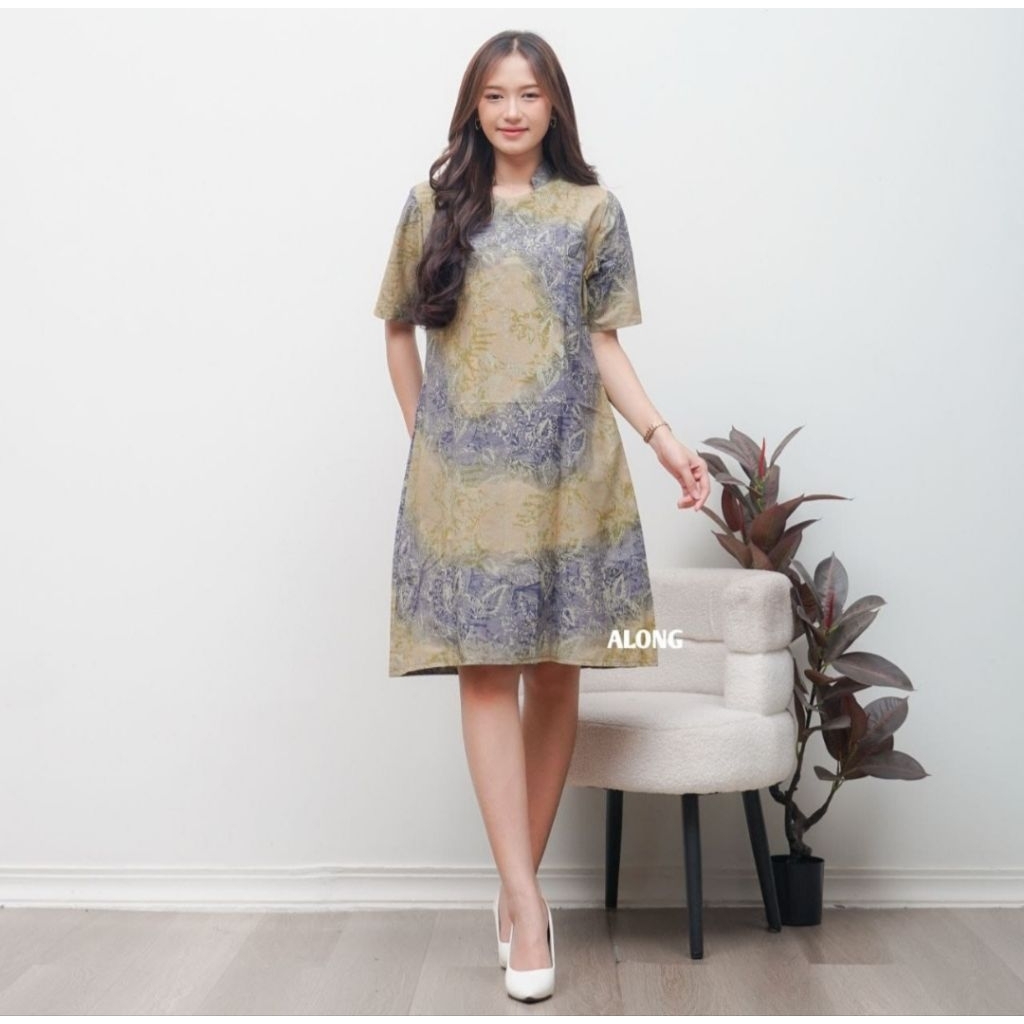 DRESS WANITA MODERN MODEL TERBARU MOTIF BATIK WANITA LENGAN PENDEK SELUTUT SEHARI HARI