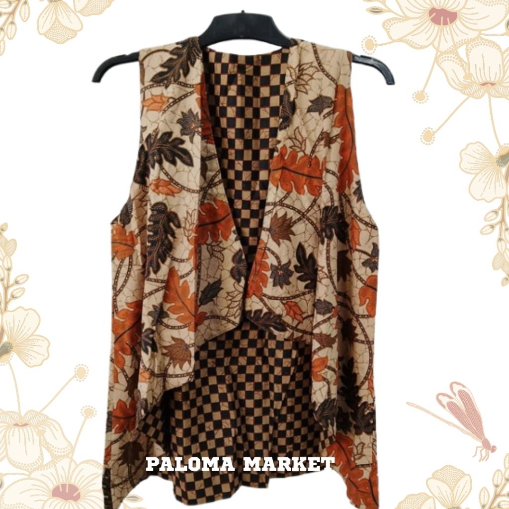 Outer Batik Wanita Tanpa Lengan Motif Daun dan Kotak Modern Elegan