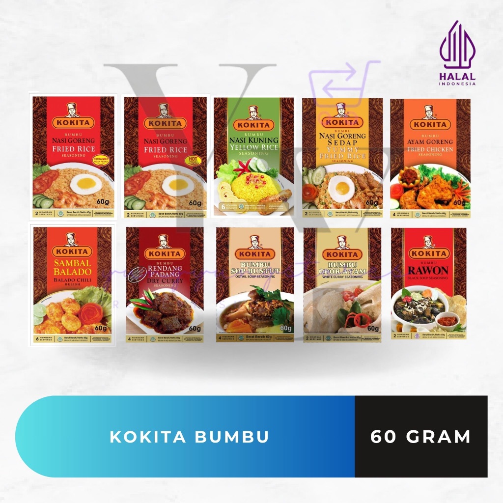 

Kokita Bumbu Ayam Goreng / Nasi Goreng Pedas Extra Mild / Nasi Kuning / Sambal Balado / Opor Ayam / Rawon / Rendang Padang / Sop Buntut 60 gram