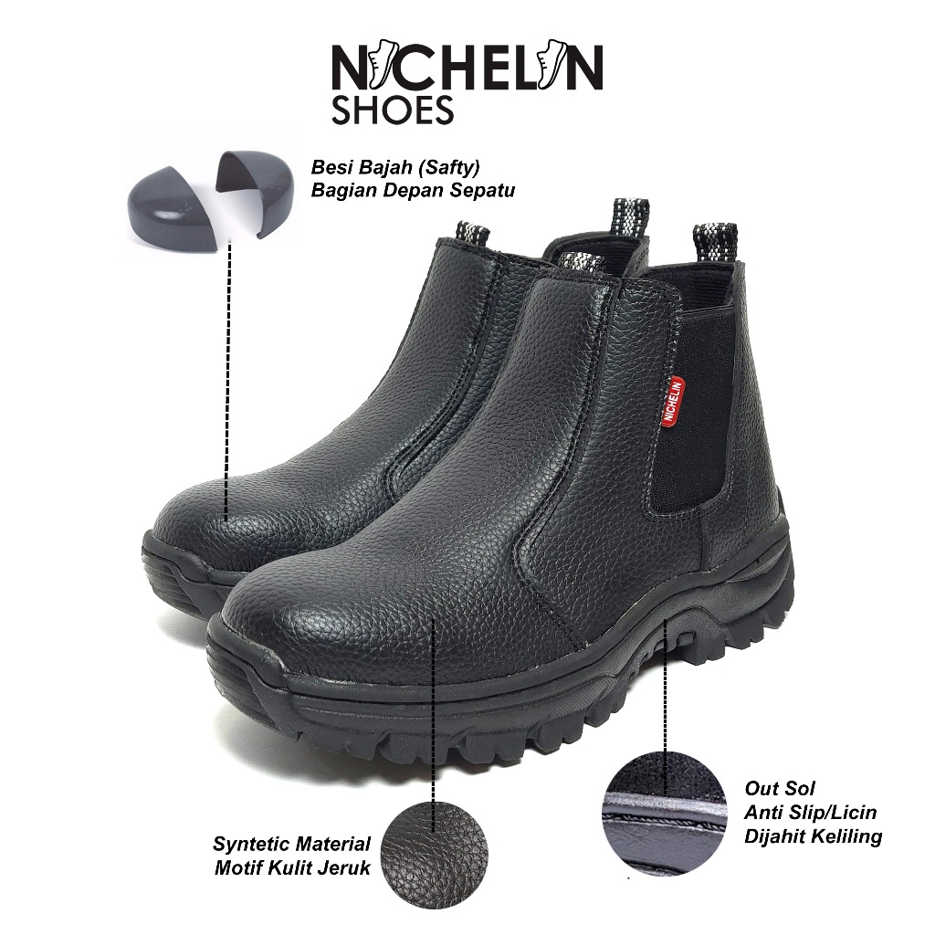 SAFETY NICHELIN [KODE SEPATU SAFETY NICHELIN [KODE B009] SLIP ON TINGGI UJUNG BESI SOL JAHIT KELILIN