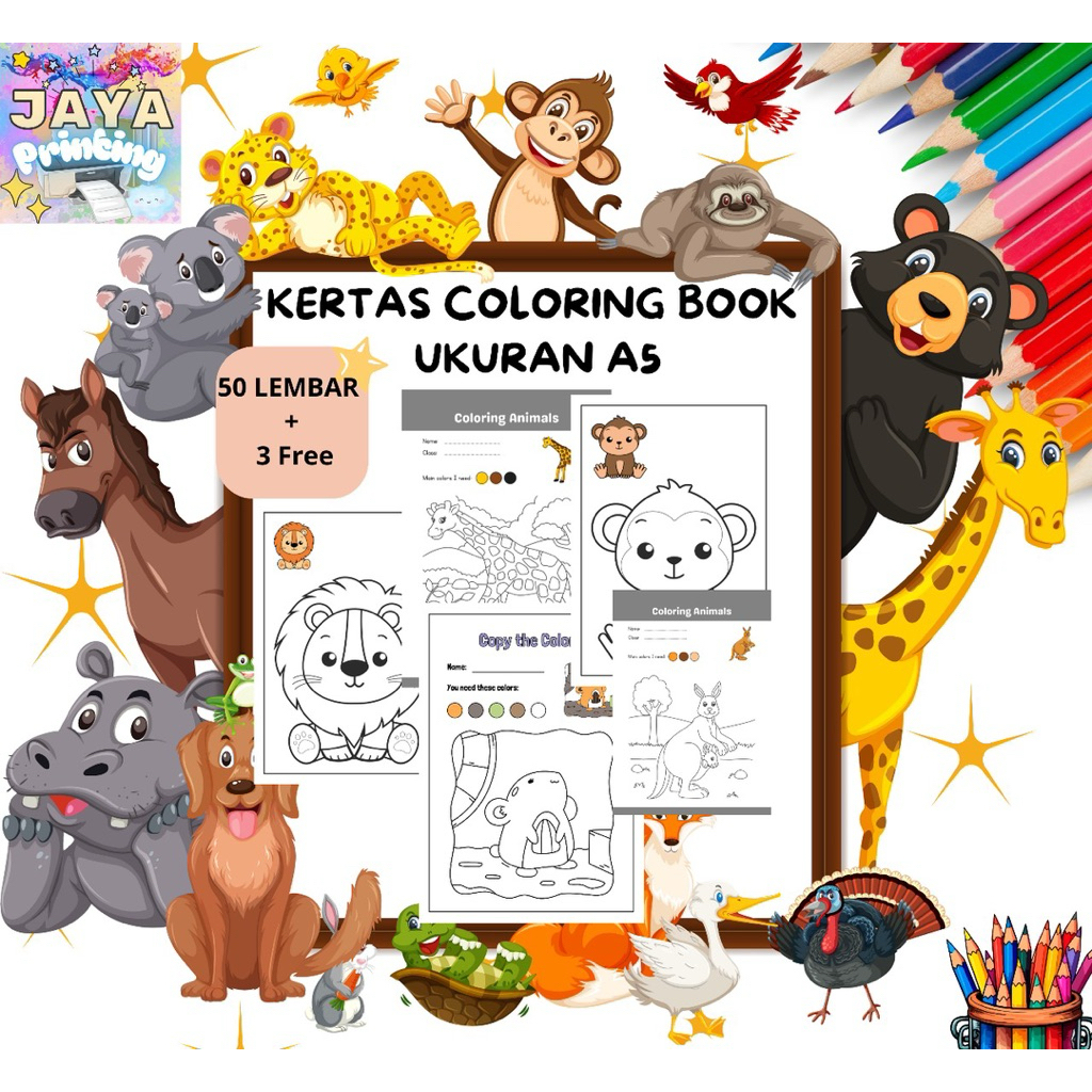 

50 lembar + 3 free Paper coloring book ukuran A5 kertas mewarnai belajar mewarnai anak tema berbagai macam hewan untuk anak paud/ SD