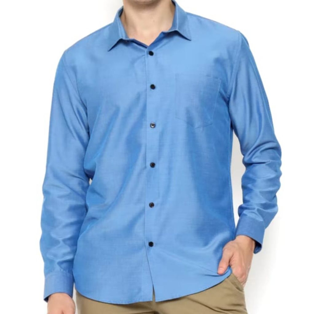 kemeja polos pria lengan panjang warna biru denim.kemeja pria polos lengan panjang warna biru denim.