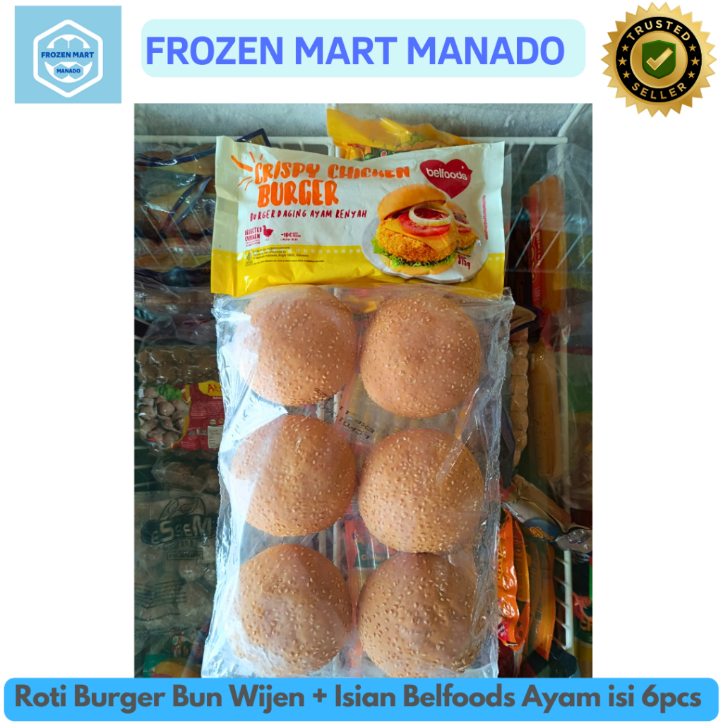 

Roti Burger Bun Wijen + Isian Belfoods Ayam isi 6pcs - Frozen Mart Manado (Frozen Food Manado)