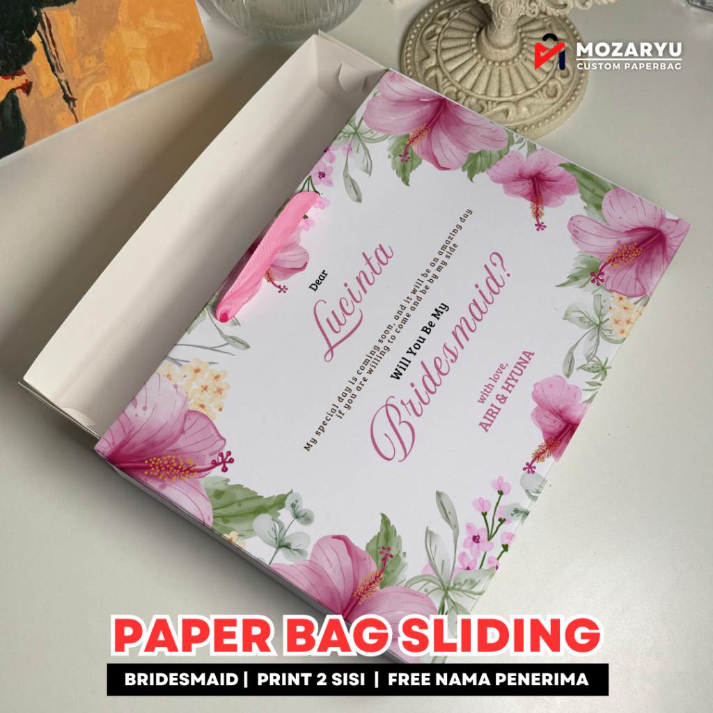 

Paper Bag Sliding Bridesmaid Custom Tanpa Minimal Order, Bahan TIK 200 GSM, Ukuran Medium P28 L6 T20