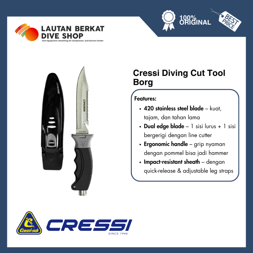 Knife Cressi Borg RC559100 / Pisau Selam Scuba Diving Stainless Steel dengan Sheath & Leg Straps