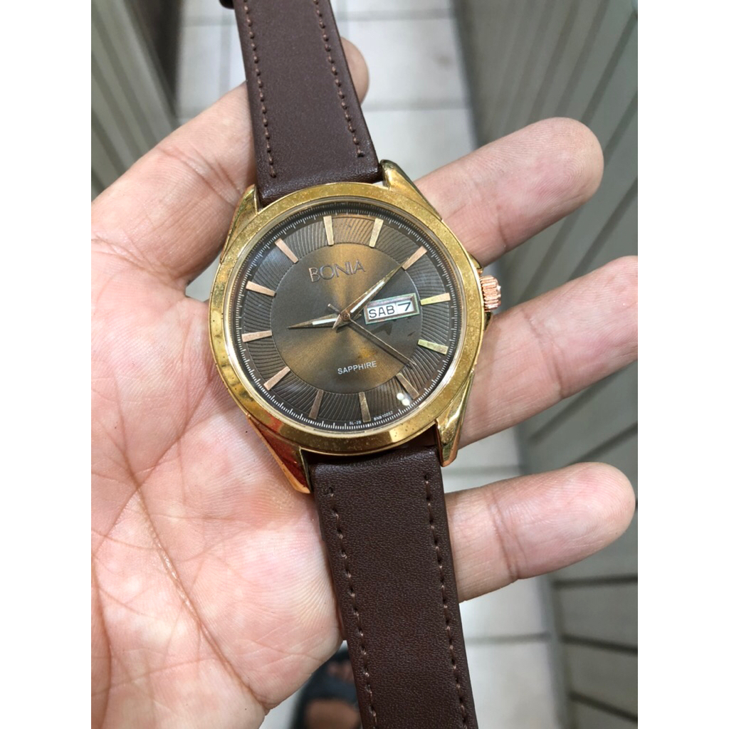 jam tangan pria quartz Bonia rosegold elegan fashionable strap kulit
