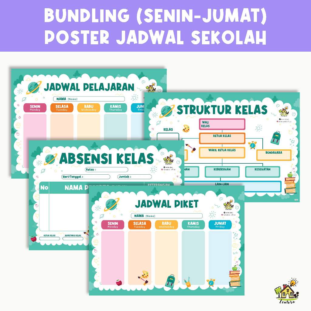 

Paket BUNDLING (SENIN-JUMAT) 4pcs Poster Jadwal Pelajaran, Struktur Kelas, Jadwal Piket, Absensi Sekolah School Timetable Wipe and Clean Dekorasi Hiasan Pajangan Dinding Alat Peraga Kelas, Sekolah, Perpustaaan, Lomba Agustusan untuk SD SMP SMA