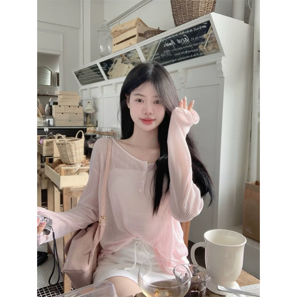 PREORDER Atasan Wanita Musim Gugur T-shirt Lengan Panjang Pink Tipis Desain Unik dengan Tali Silang 