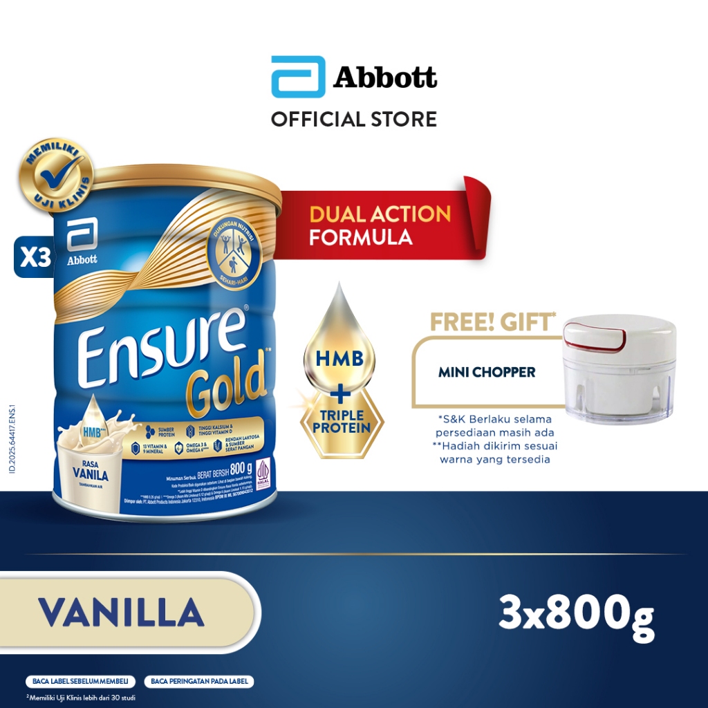 

Ensure Gold HMB Vanila 800 g - Nutrisi Dewasa Rendah Laktosa - 3 pcs - FREE GIFT