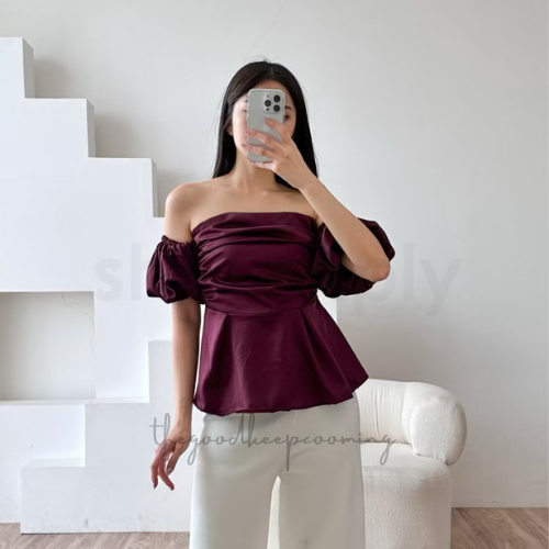 Gyuri Satin Top Puff Sleeve Atasan Blouse Top Wanita Big Size Atasan Wanita Bahan Satin Jumbo Atasan