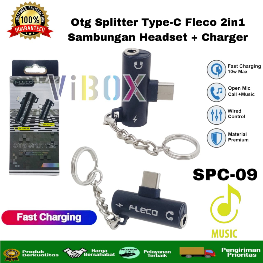 Fleco Spc-09 Tipe C 2in1 Converter Splitter Type C Android Charging & Audio Jack 3.5mm Music Headset