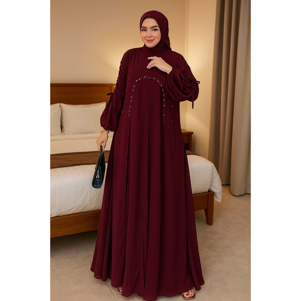 Dress Wanita Debora Set Outer Gamis Pesta Mewah Elegan Ceruty Babydoll Dress Kondangan Payet 2025