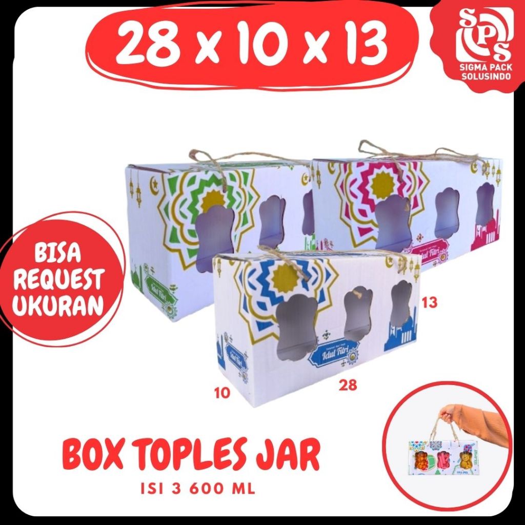 

Box 28x10x13 Jinjing Tali (KUKER TOPLES JAR 600ml Isi 3) Gable Box Kardus Kue Kering / Idul Fitri /Hampers / Lebaran / Gable Box Polos/Motif