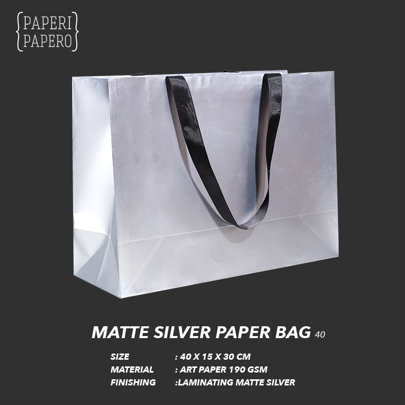 

Matte Silver Paper Bag (40 x 15 x 30 cm) - Shopping Tote / Tas Kertas Doff Perak Premium Pita Hitam