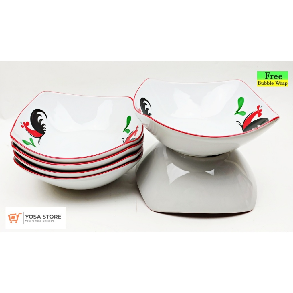 Mangkok Keramik Mie Ayam Bakso Segi Empat Motif Ayam Jago - 6 Pcs