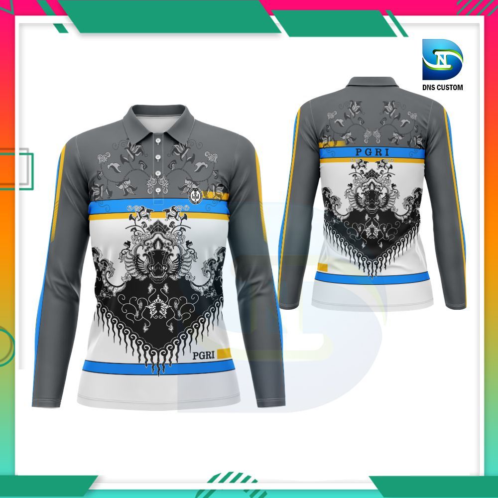 Kaos Polo Batik PGRI Dewasa Wanita / Baju Batik Pgri / Baju Kaos Jersey Batik PGRI Lengan Panjang