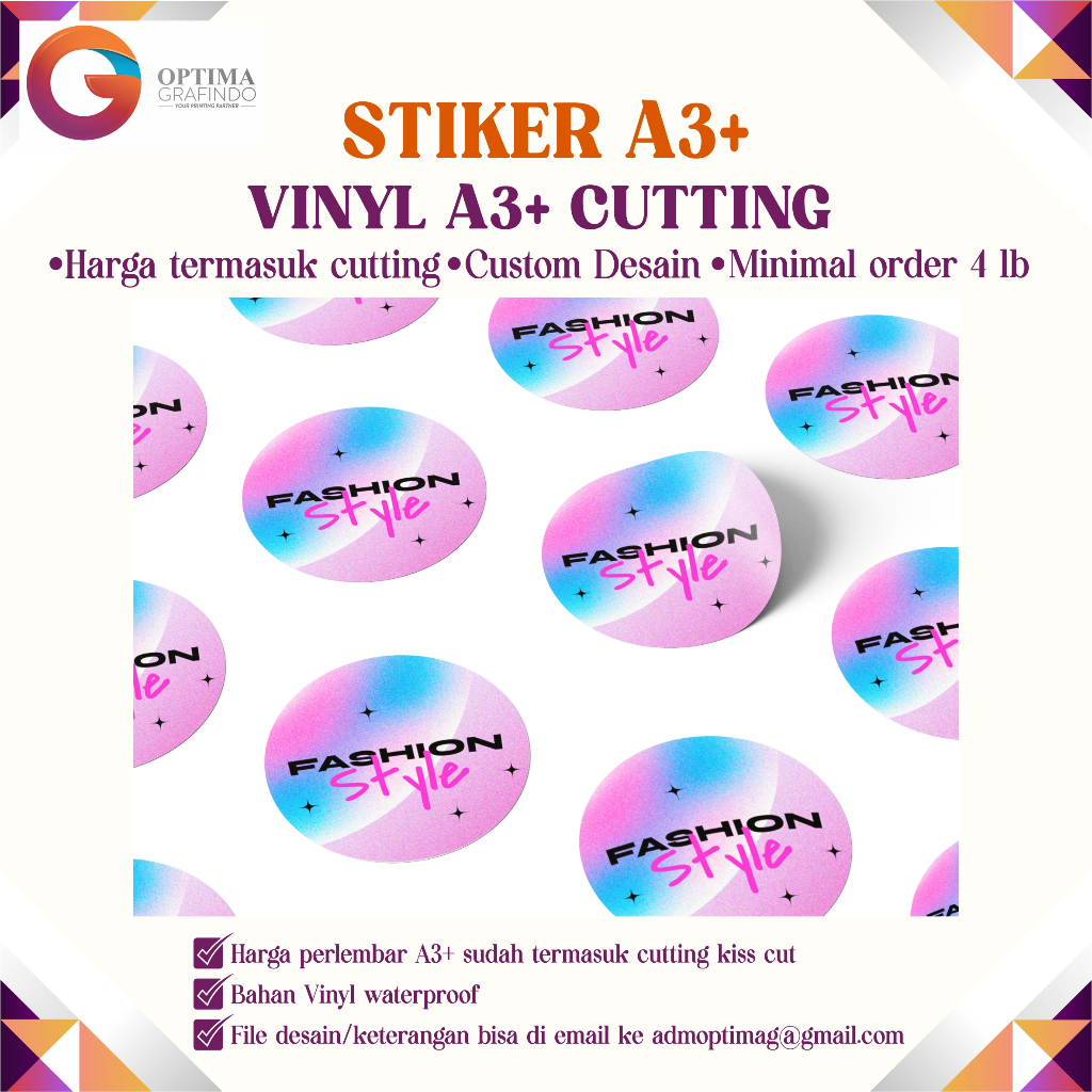 

Cetak Stiker A3+ Print plus Cutting Stiker Vynil / Transparan Model Bebas. Stiker Produk Label Makanan Minuman Hampers