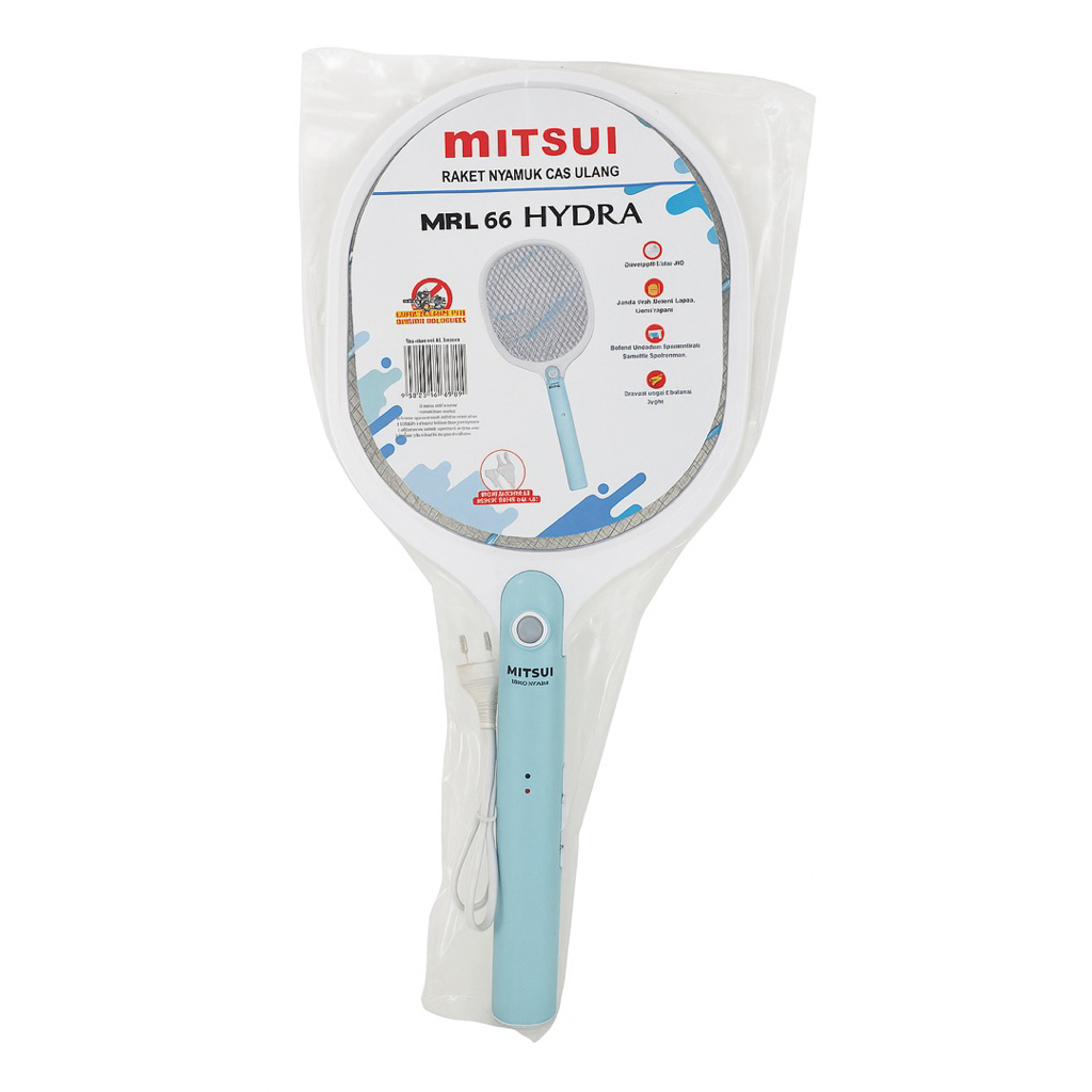 Raket Nyamuk Listrik Cas Ulang Mitsui Hydra MRL 66 dengan Lampu LED, Baterai Tahan Lama, Tegangan Ti