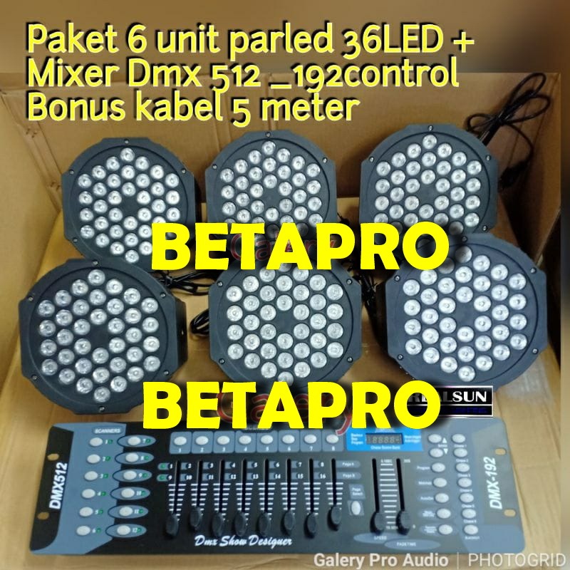Paket lampu lighting Parled 6unit parled 36led + 1unit Mixer dmx 512_192 + kabel 1mtr 6set Buat Temp