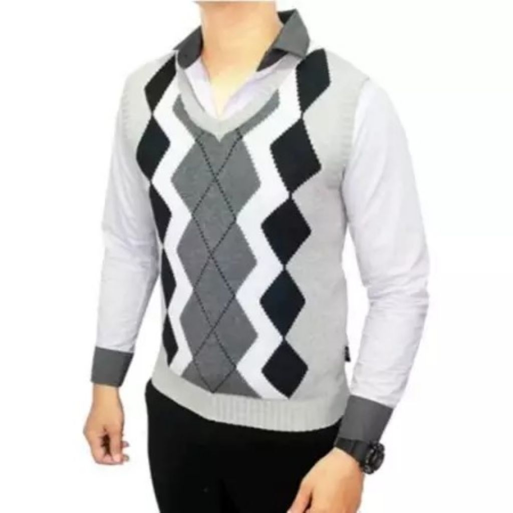 Vest Pria Rajut Motif Kotak Retro Vintages korea