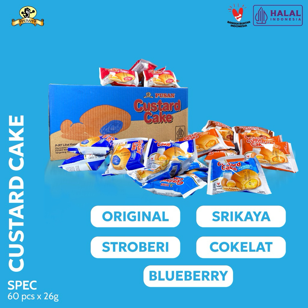

(NEW) PUSAN CUSTARD CAKE ORIGINAL / BLUBERI / STROBERI / SRIKAYA / COKELAT 1 DUS ISI 60pcs