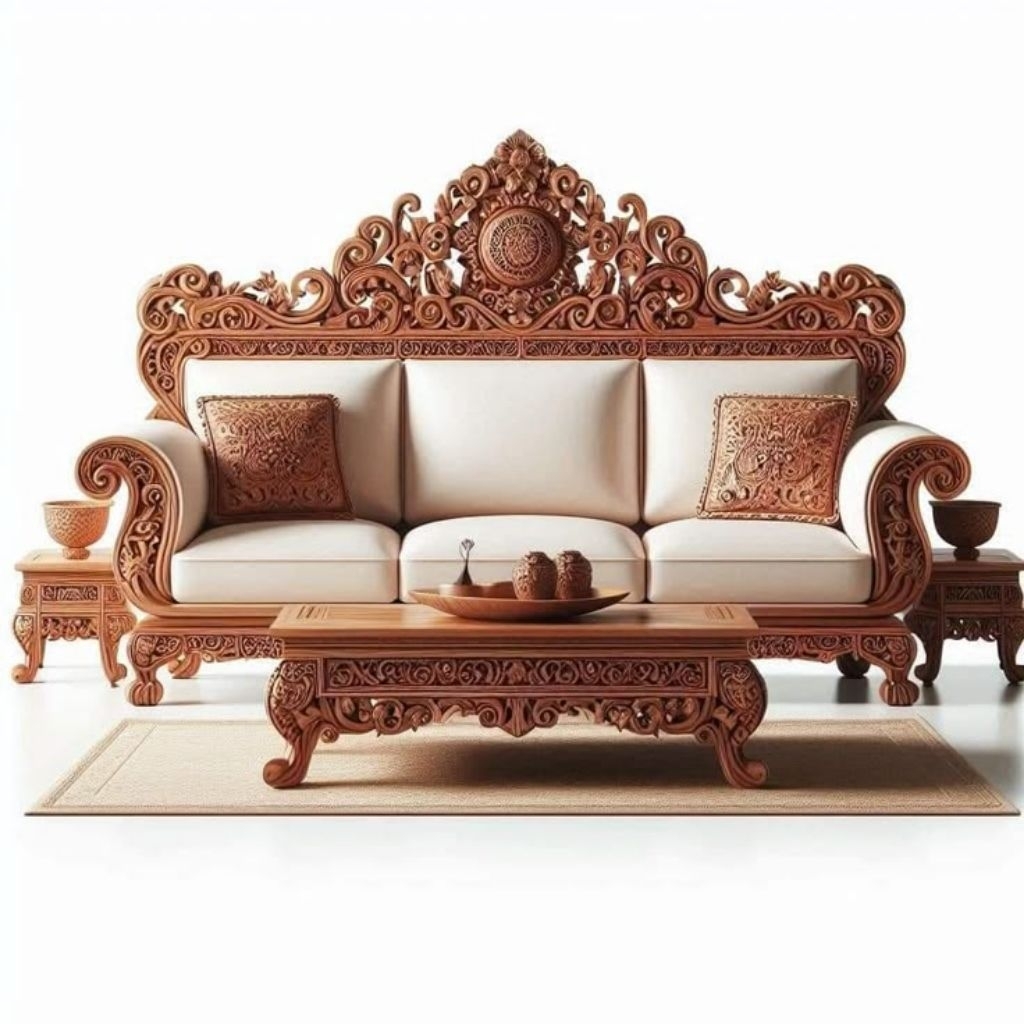 Sofa Tamu Ukir Mewah Kayu Jati TPK Jepara – Set Kursi Ruang Tamu Klasik + Meja (Dp Pesanan Bali)