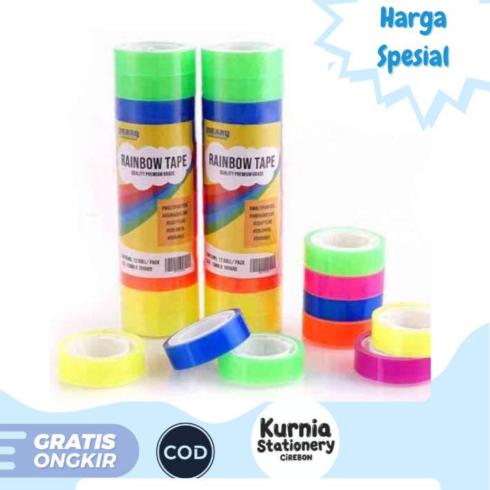 

Berry Tape Rainbow Tape 12 mm x 10 Yard / Solasi Rainbow (1 Pack isi 12 Pcs)